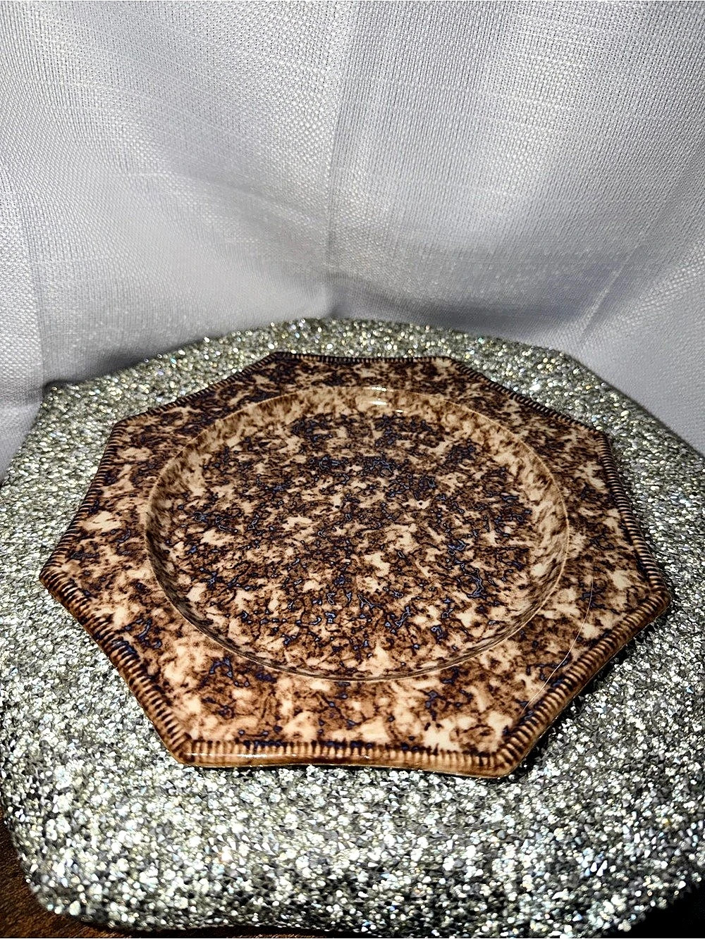 Antique Whieldon Style Octagonal plate in Tortoiseshell marbled graze brown and
